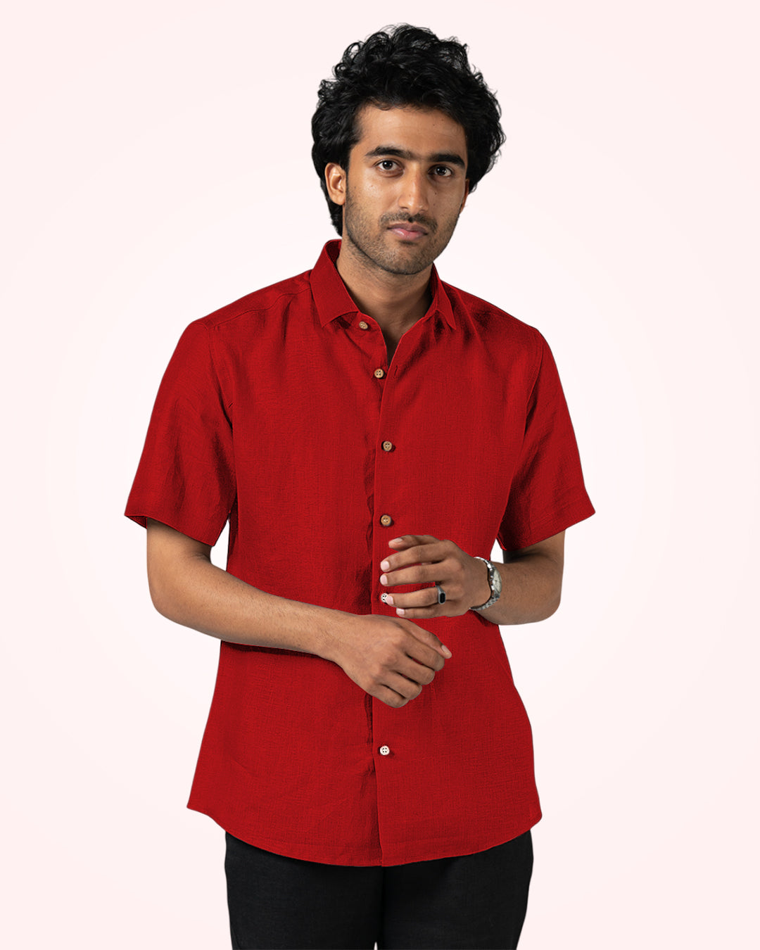 CRIMSON RED PURE LINEN HALF SLEEVES