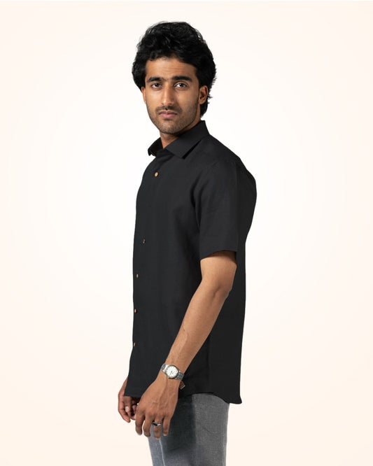 BLACK PURE LINEN HALF SLEEVE SHIRT