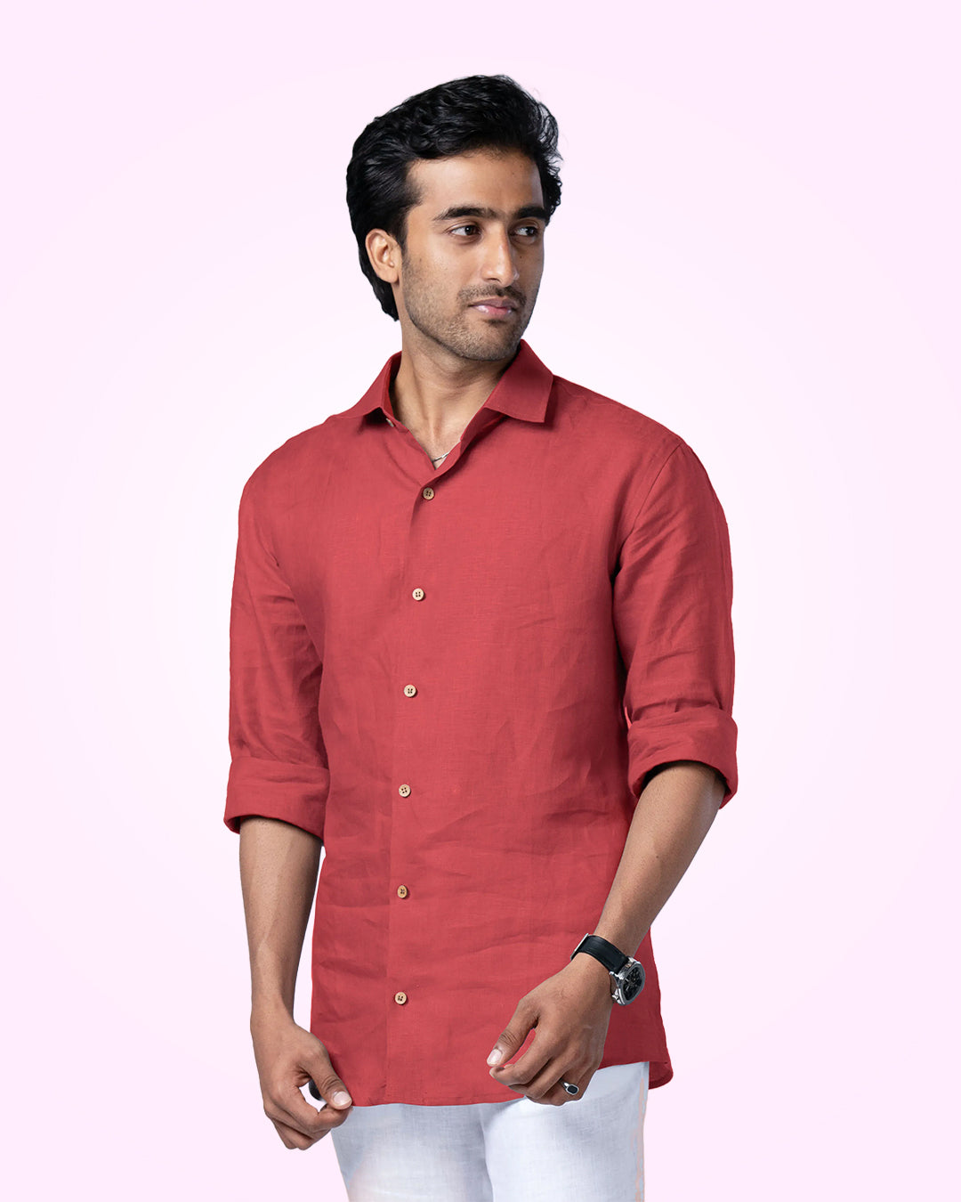 PURE LINEN ORANGE RED FULL SLEEVE SHIRT