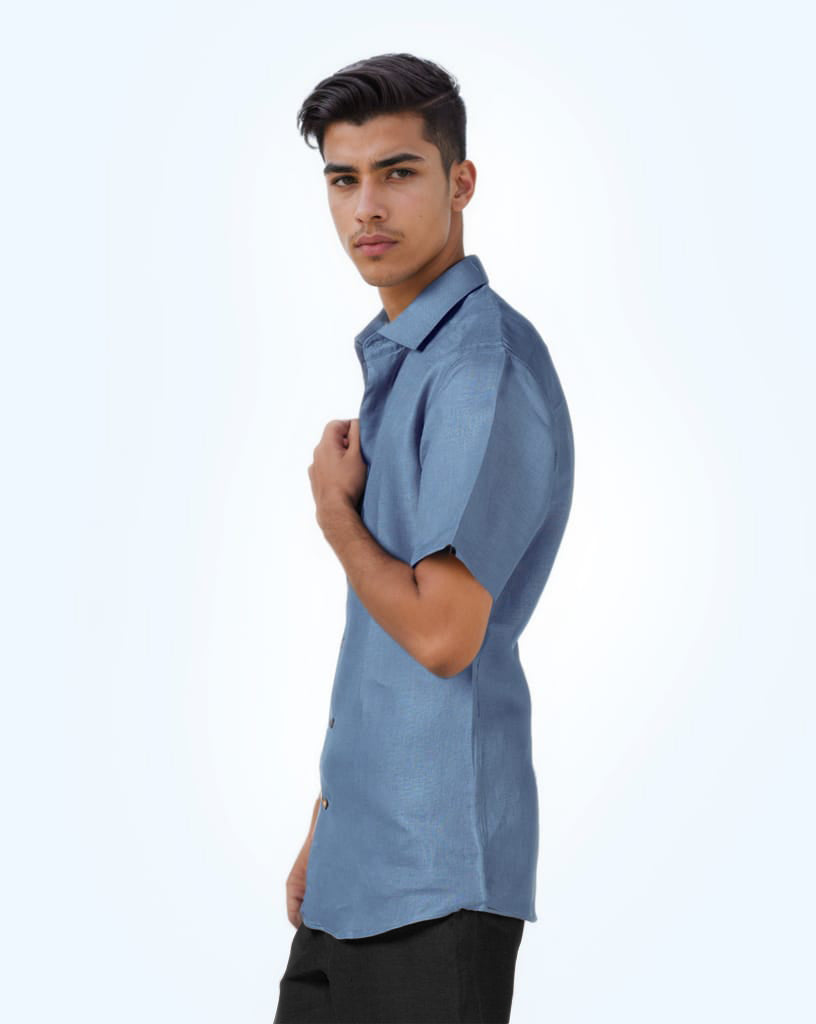 DARK SKY-BLUE PURE LINEN HALF SLEEVE SHIRT