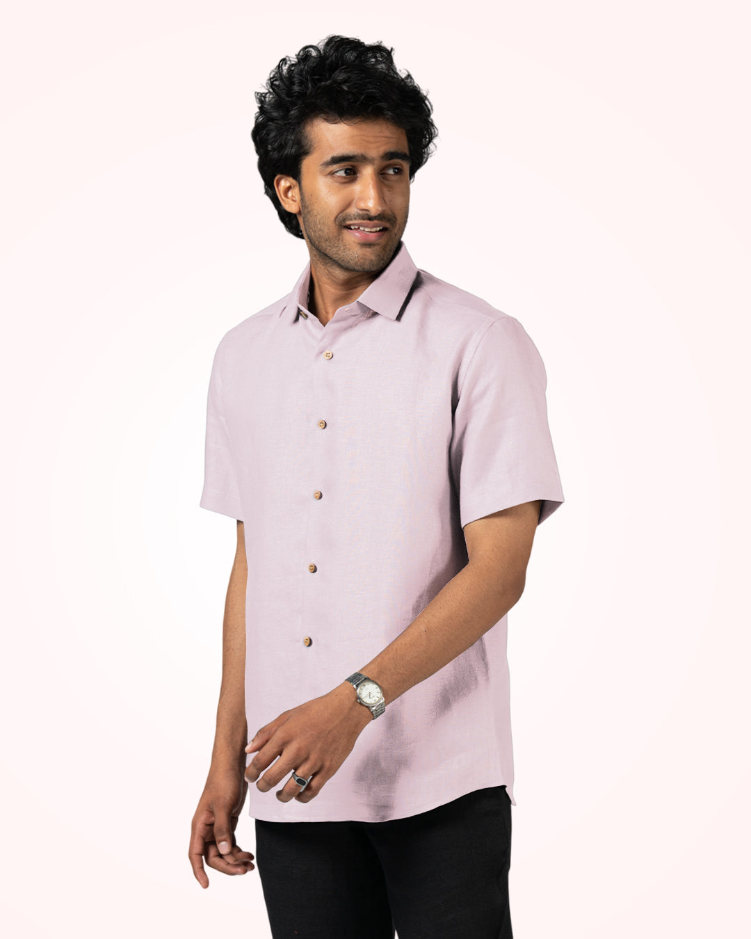 LIGHT PINK PURE LINEN HALF SLEEVE SHIRT
