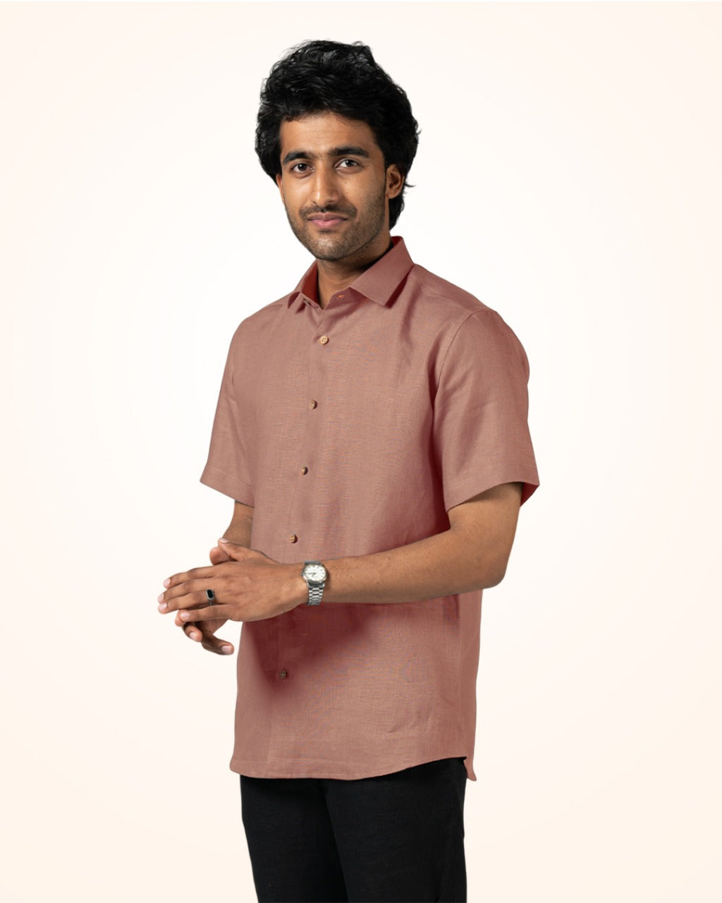 PETITE PEACH PURE LINEN HALF SLEEVE SHIRT