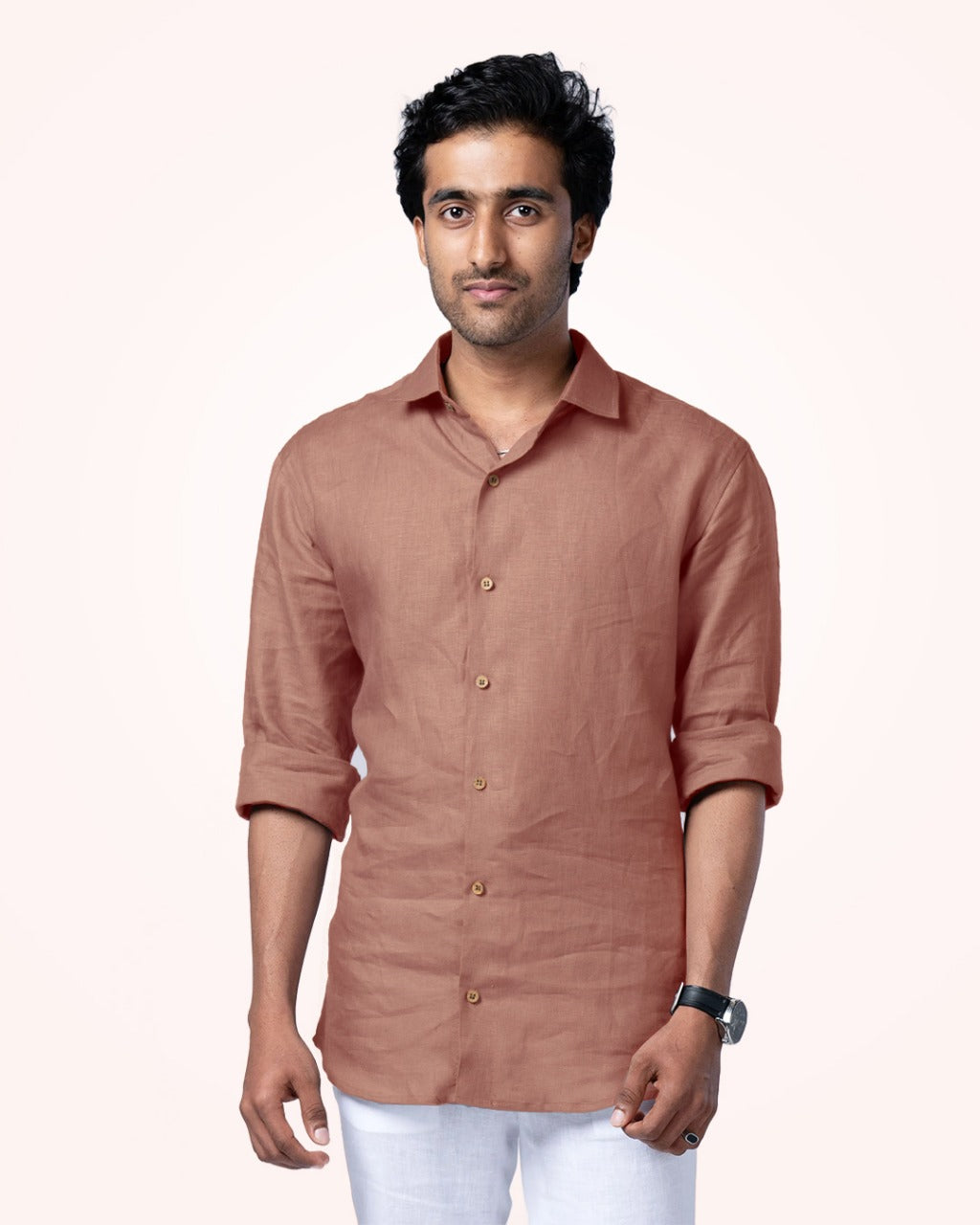 PURE LINEN PETITE PEACH FULL SLEEVE SHIRT
