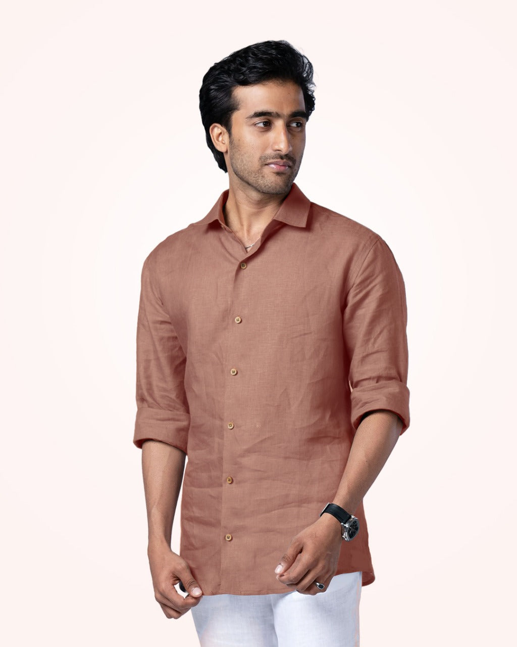 PURE LINEN PETITE PEACH FULL SLEEVE SHIRT
