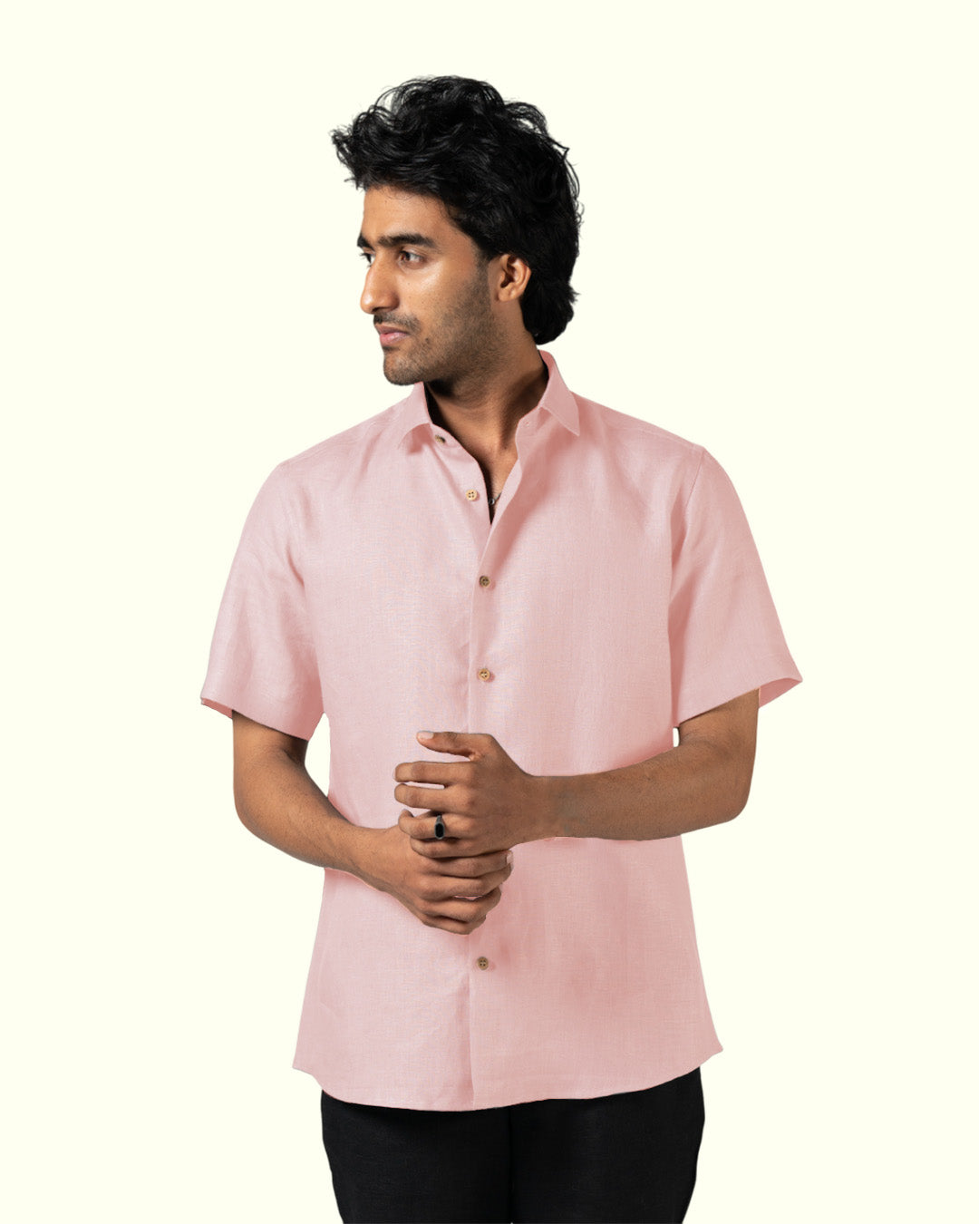 BLUSH PINK PURE LINEN HALF SLEEVE SHIRT