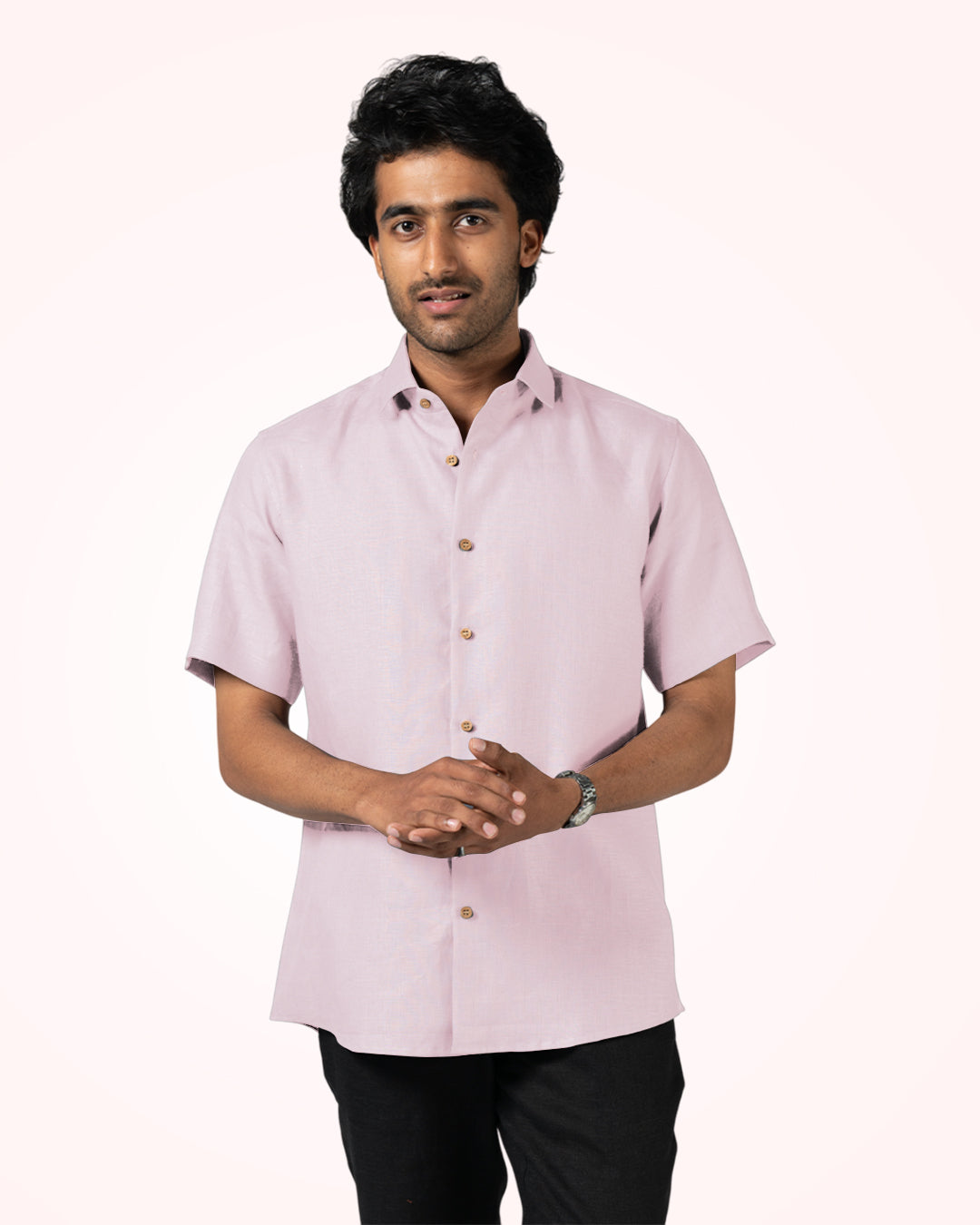 LIGHT PINK PURE LINEN HALF SLEEVE SHIRT