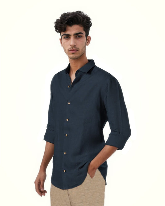 DARK BLUE PURE LINEN FULL SLEEVE SHIRT