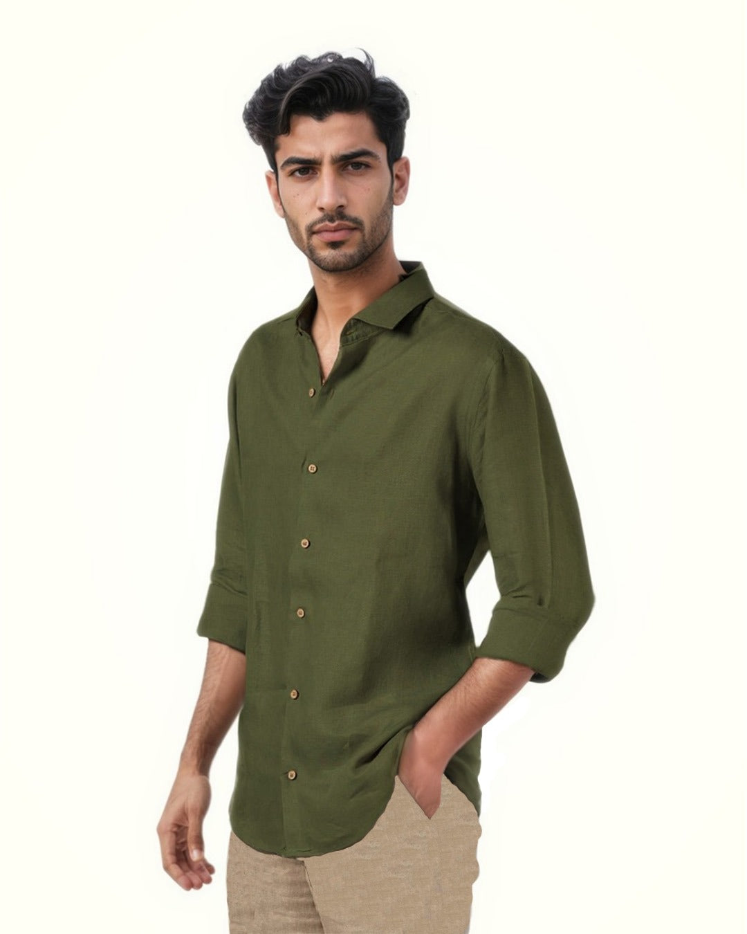 DARK GREEN PURE LINEN FULL SLEEVE SHIRT