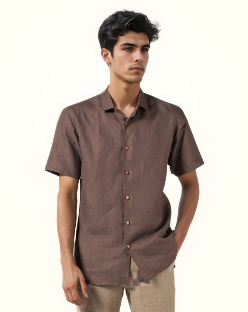 COPPER PURE LINEN HALF SLEEVE SHIRT