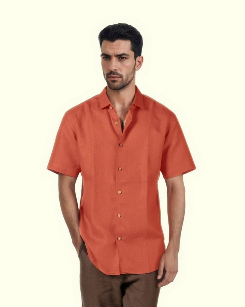 BURNT ORANGE PURE LINEN HALF SLEEVE SHIRT