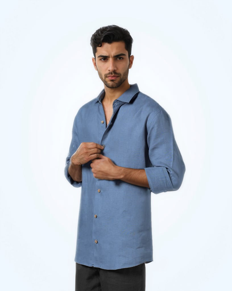 PURE LINEN DARK SKY-BLUE FULL SLEEVE SHIRT