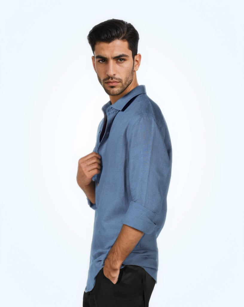 PURE LINEN DARK SKY-BLUE FULL SLEEVE SHIRT