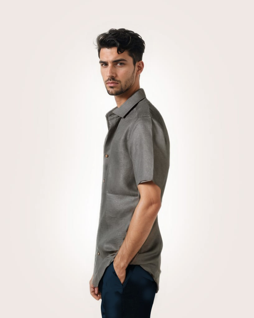 STEEL GREY PURE LINEN HALF SLEEVE SHIRT