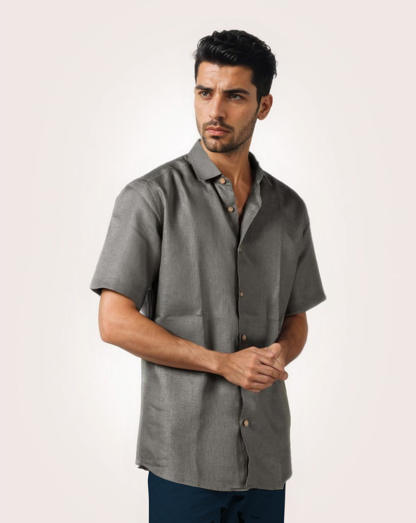 STEEL GREY PURE LINEN HALF SLEEVE SHIRT