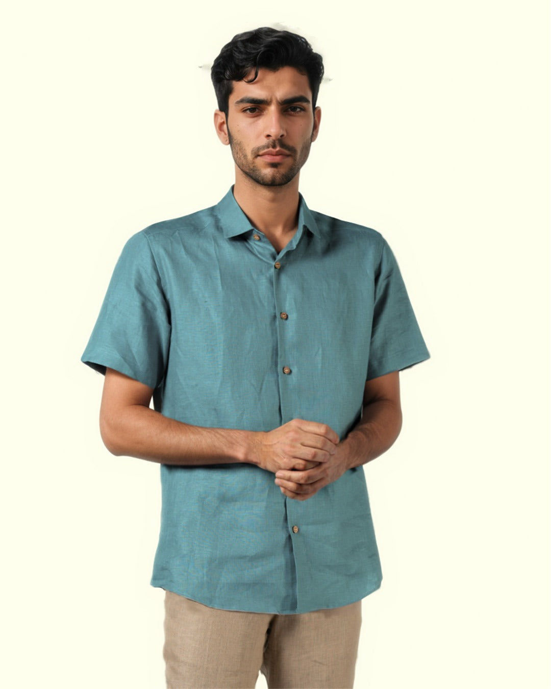 PURE LINEN DARK SKY-BLUE HALF SLEEVE SHIRT