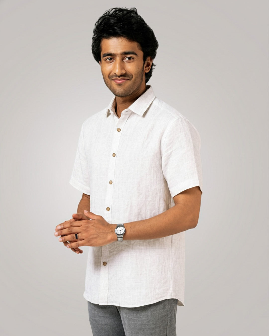 WHITE PURE LINEN HALF SLEEVE SHIRT