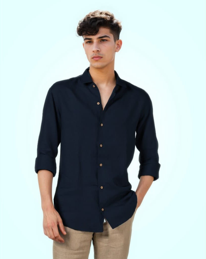 PURE LINEN NAVY BLUE FULL SLEEVE SHIRT
