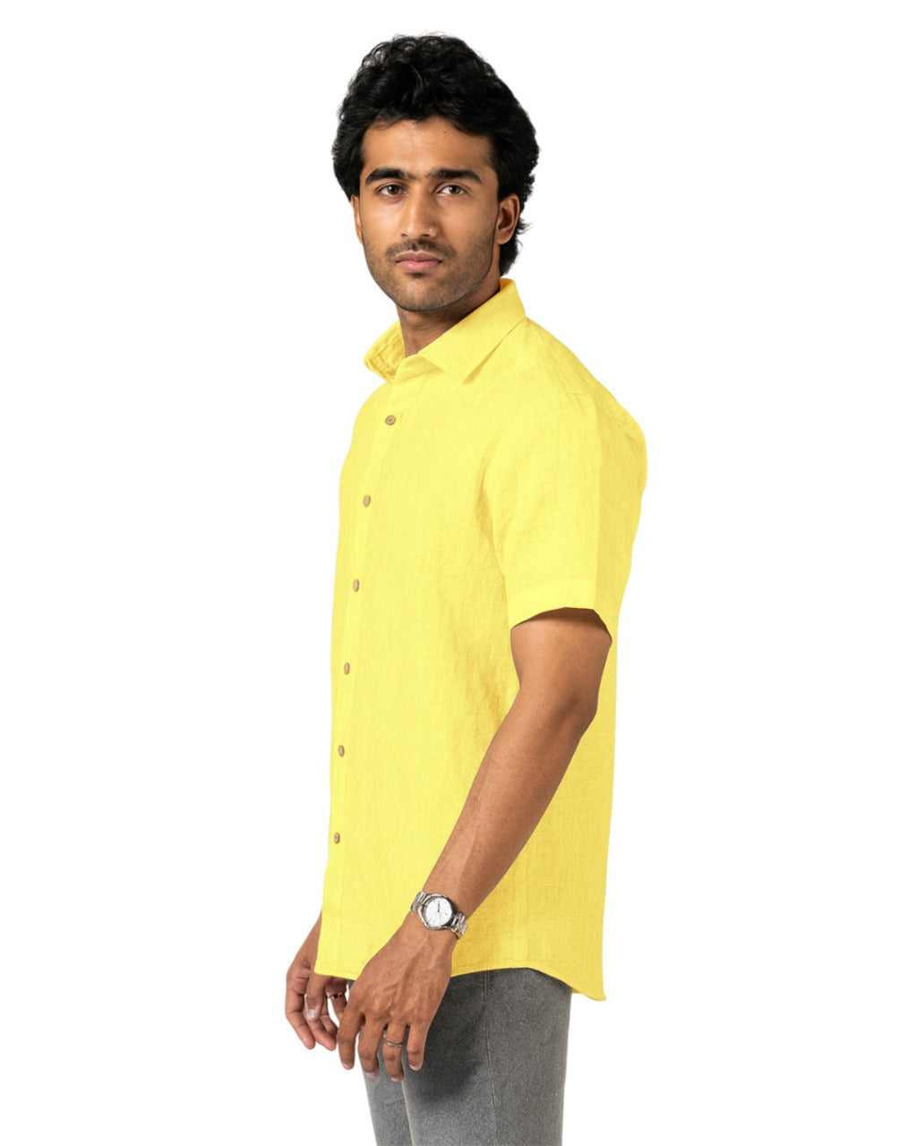 CADMIUM YELLOW PURE LINEN HALF SLEEVE SHIRT