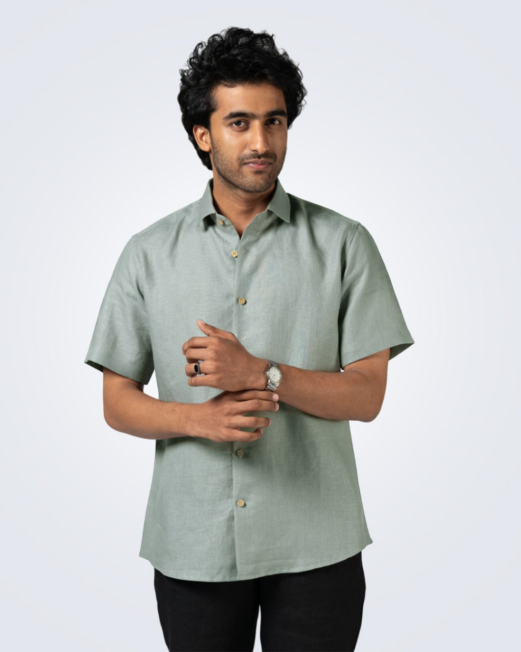 LIGHT SAGE GREEN PURE LINEN HALF SLEEVE SHIRT