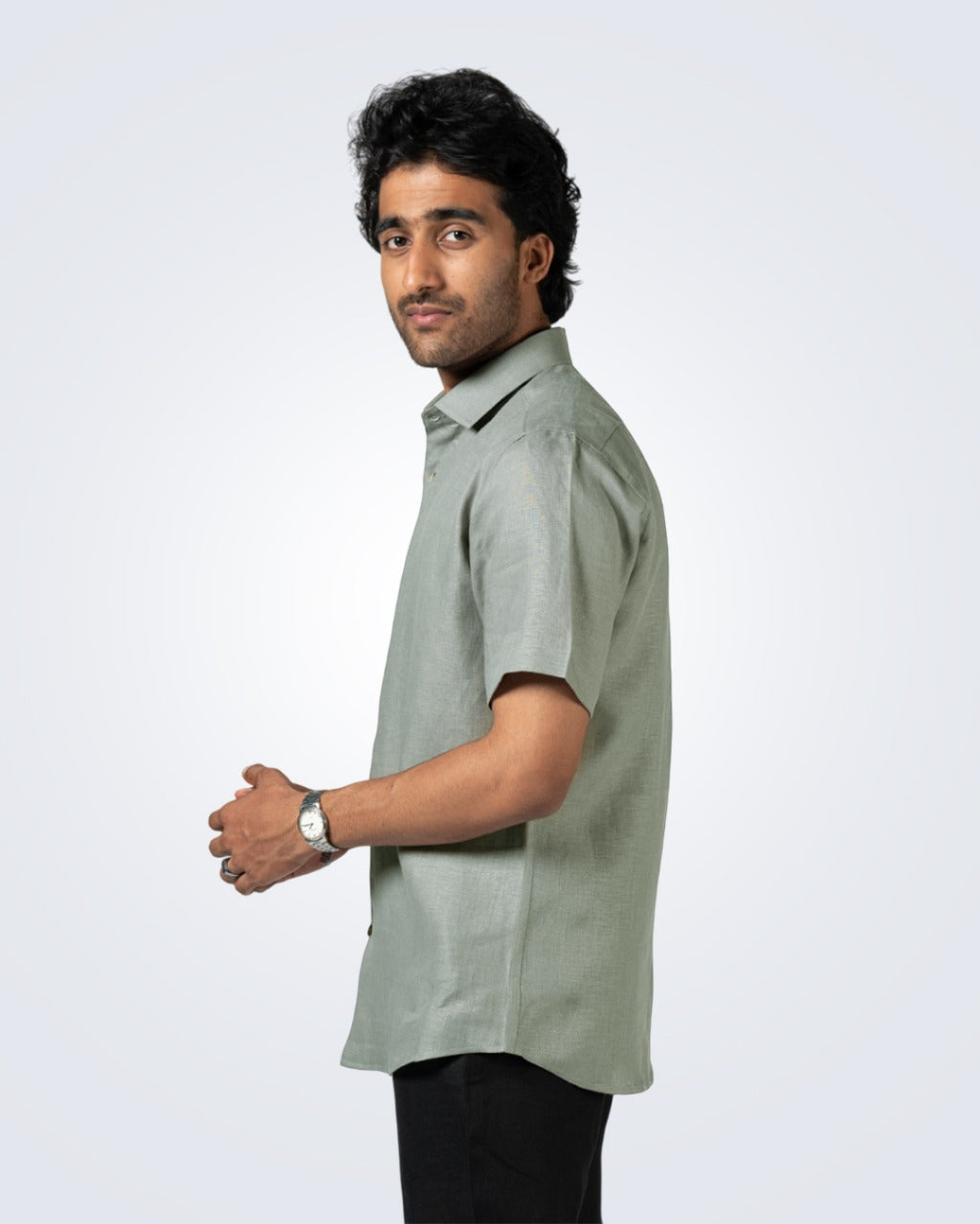 LIGHT SAGE GREEN PURE LINEN HALF SLEEVE SHIRT