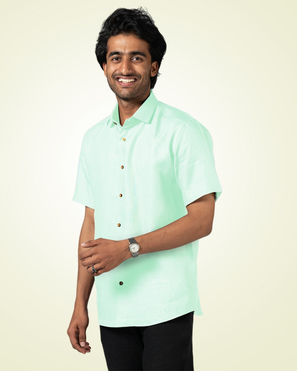 PURE LINEN MINT GREEN HALF SLEEVE SHIRT