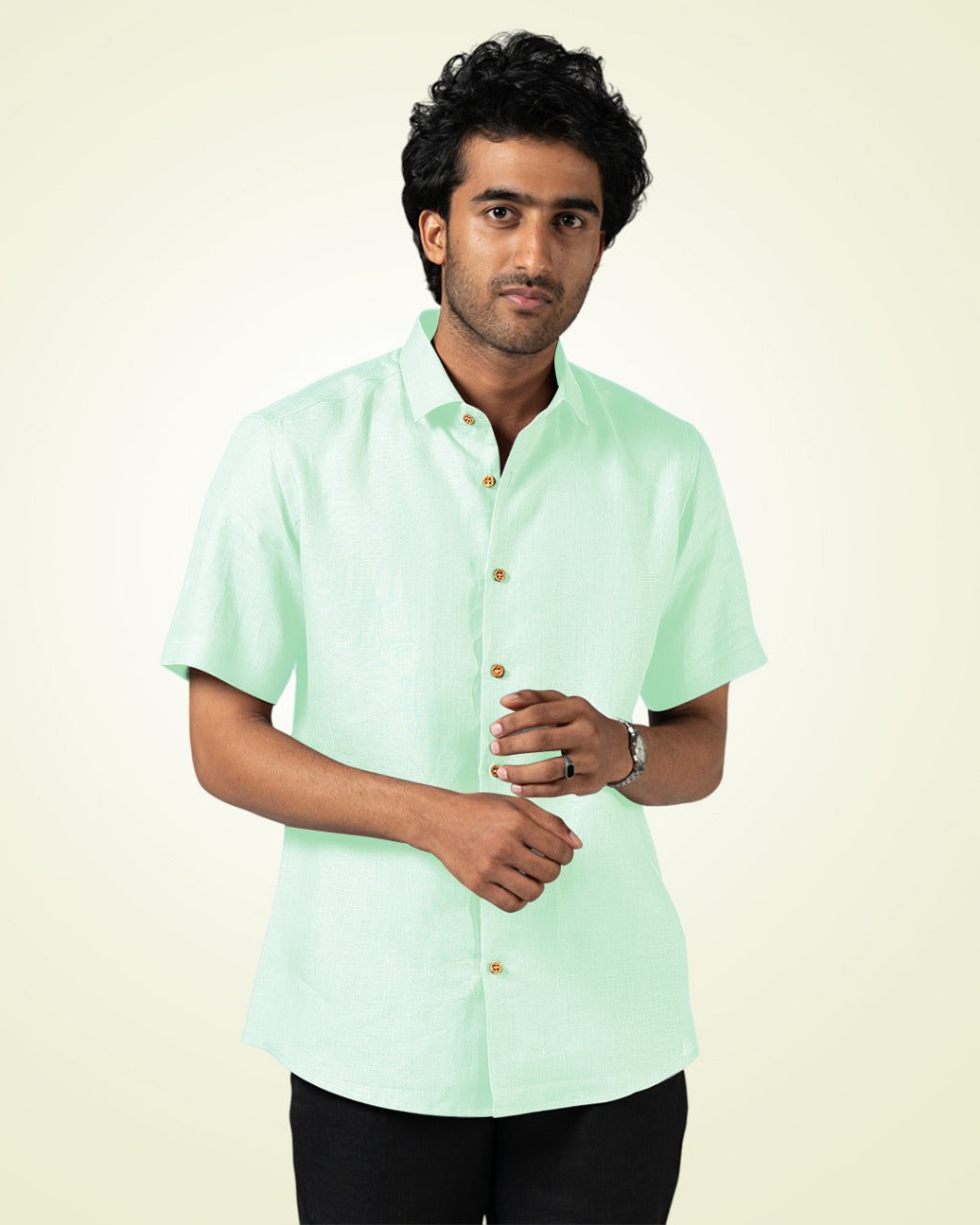 PURE LINEN MINT GREEN HALF SLEEVE SHIRT