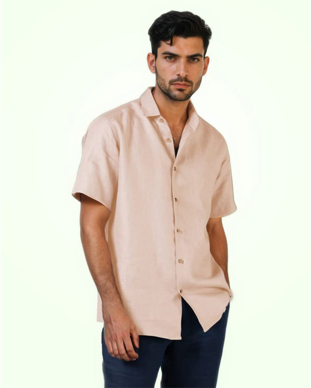 SALMON PINK PURE LINEN HALF SLEEVE SHIRT
