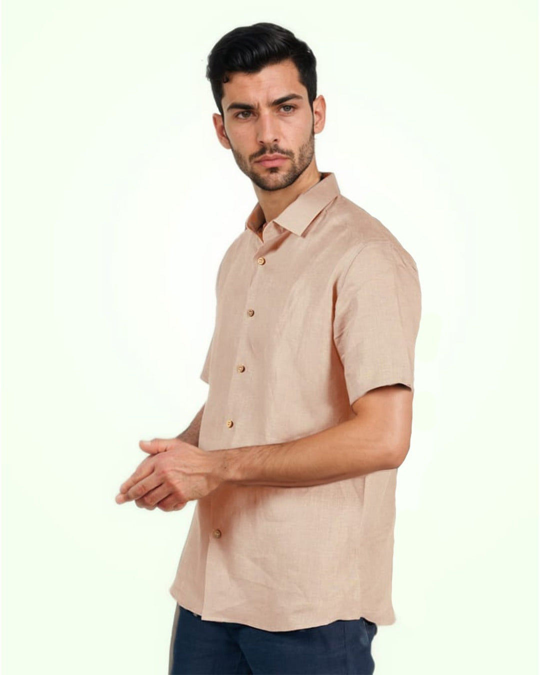 SALMON PINK PURE LINEN HALF SLEEVE SHIRT