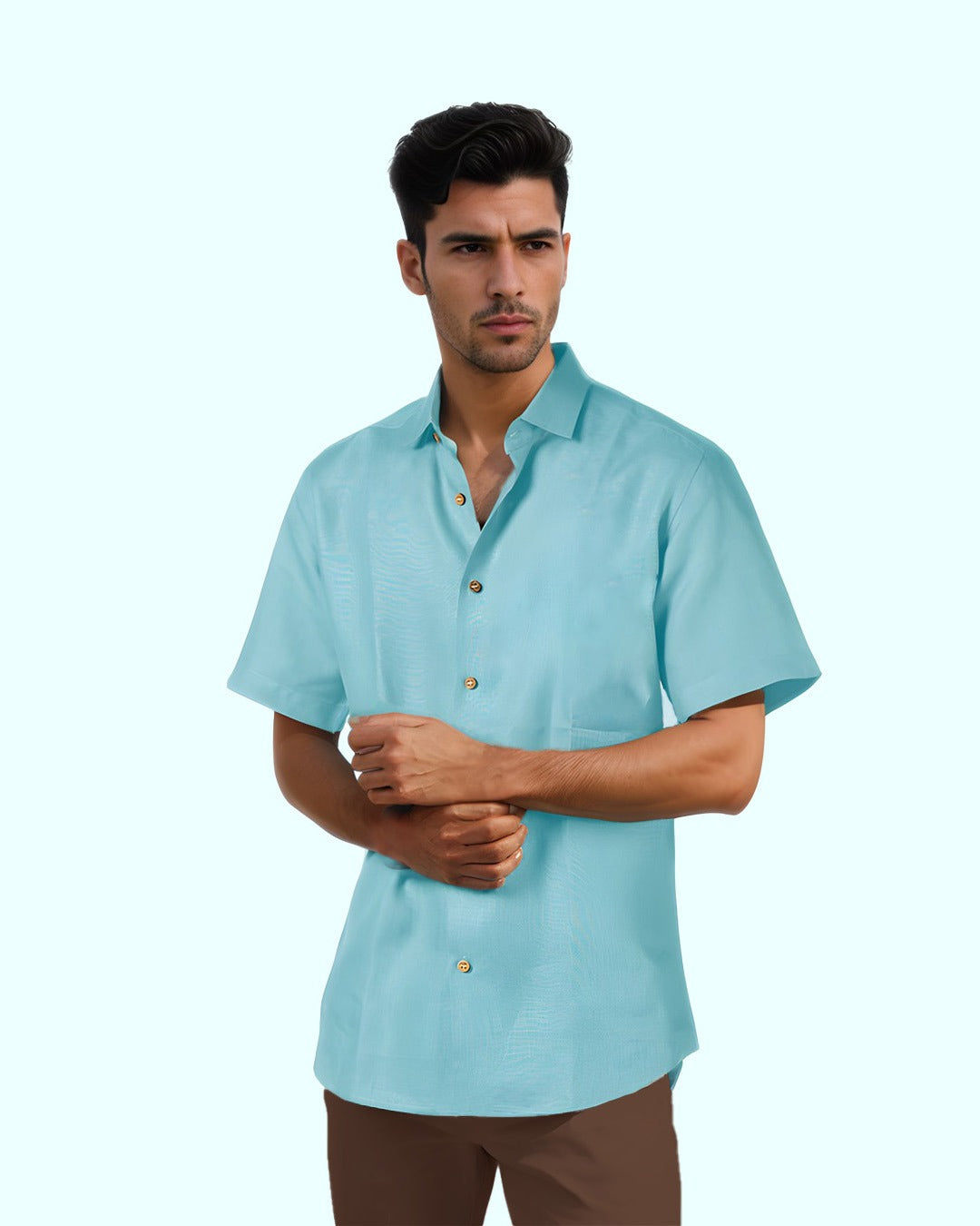 AQUA BLUE PURE LINEN HALF SLEEVE SHIRT