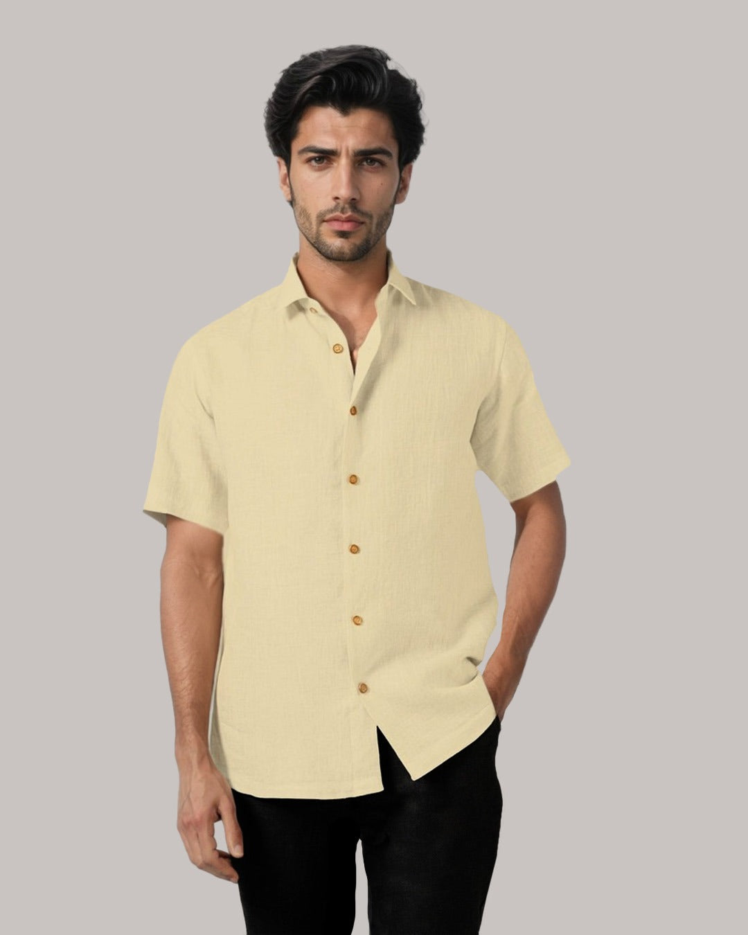 LIGHT CREME PURE LINEN HALF SLEEVE SHIRT
