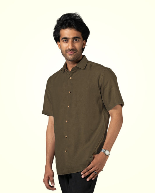 BROWN PURE LINEN HALF SLEEVE SHIRT