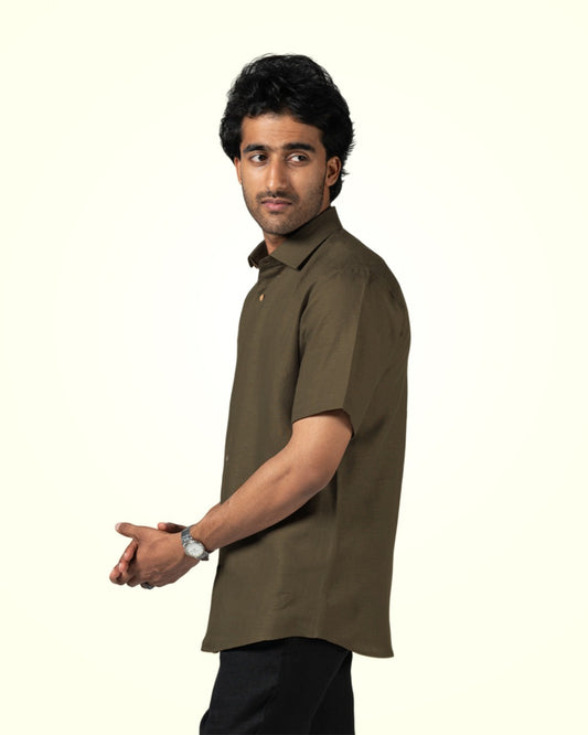 BROWN PURE LINEN HALF SLEEVE SHIRT