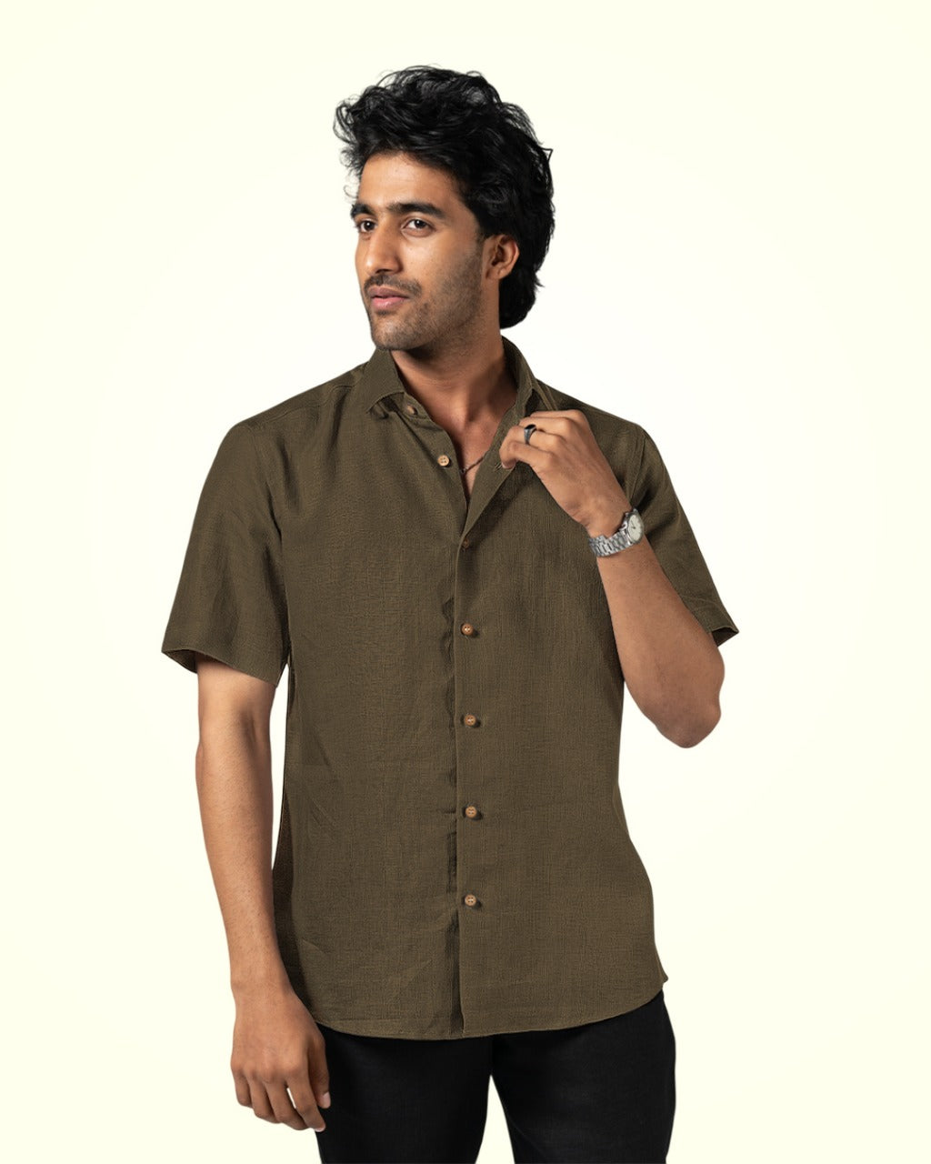 BROWN PURE LINEN HALF SLEEVE SHIRT