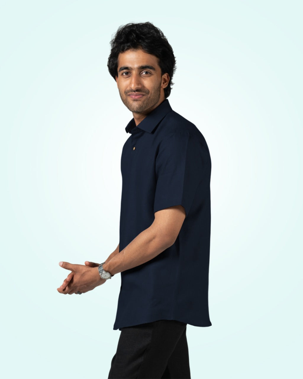 DARK BLUE PURE LINEN HALF SLEEVE SHIRT