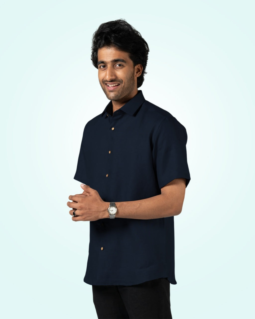 DARK BLUE PURE LINEN HALF SLEEVE SHIRT