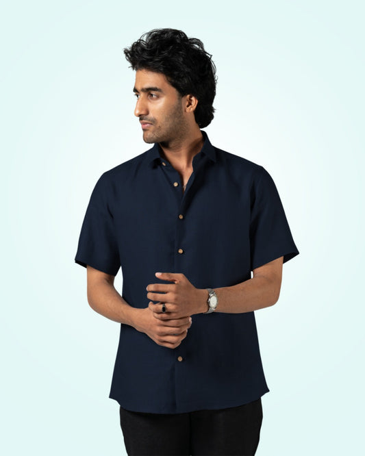 DARK BLUE PURE LINEN HALF SLEEVE SHIRT