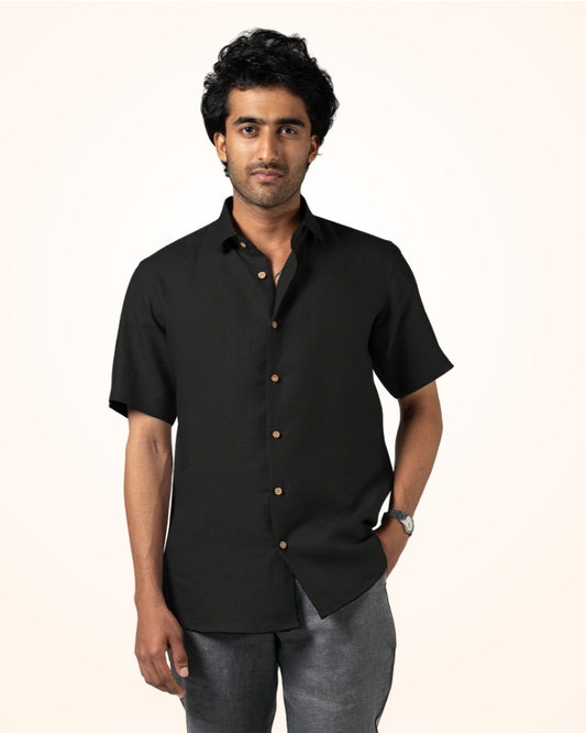 BLACK PURE LINEN HALF SLEEVE SHIRT