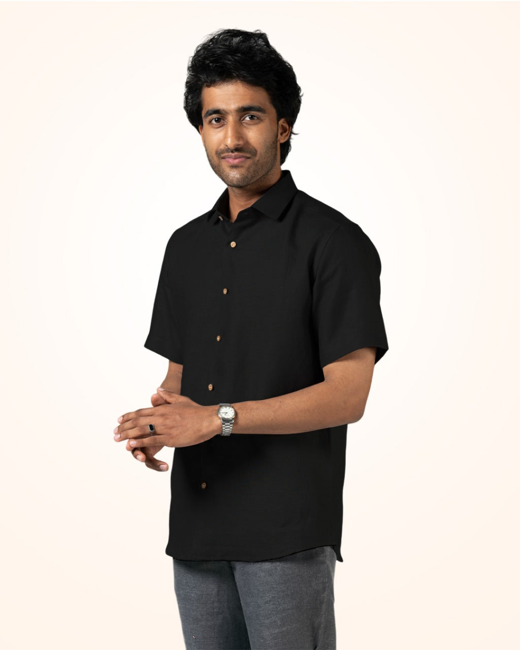 BLACK PURE LINEN HALF SLEEVE SHIRT