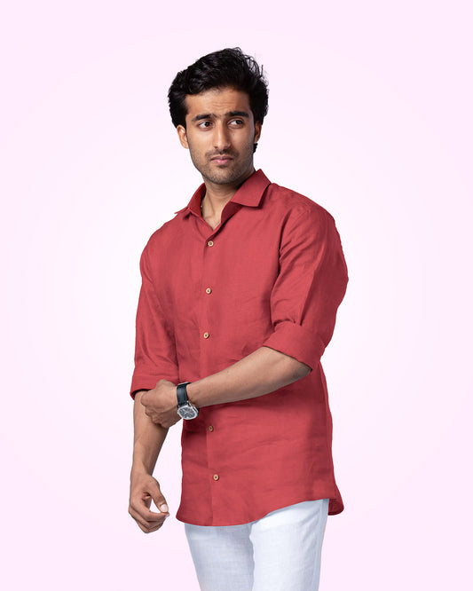 PURE LINEN ORANGE RED FULL SLEEVE SHIRT