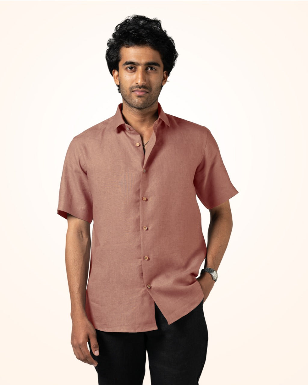 PETITE PEACH PURE LINEN HALF SLEEVE SHIRT