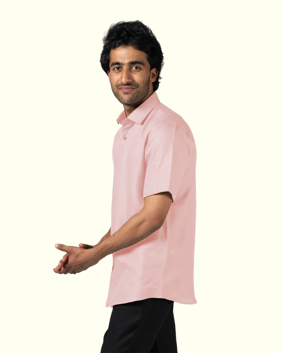 BLUSH PINK PURE LINEN HALF SLEEVE SHIRT