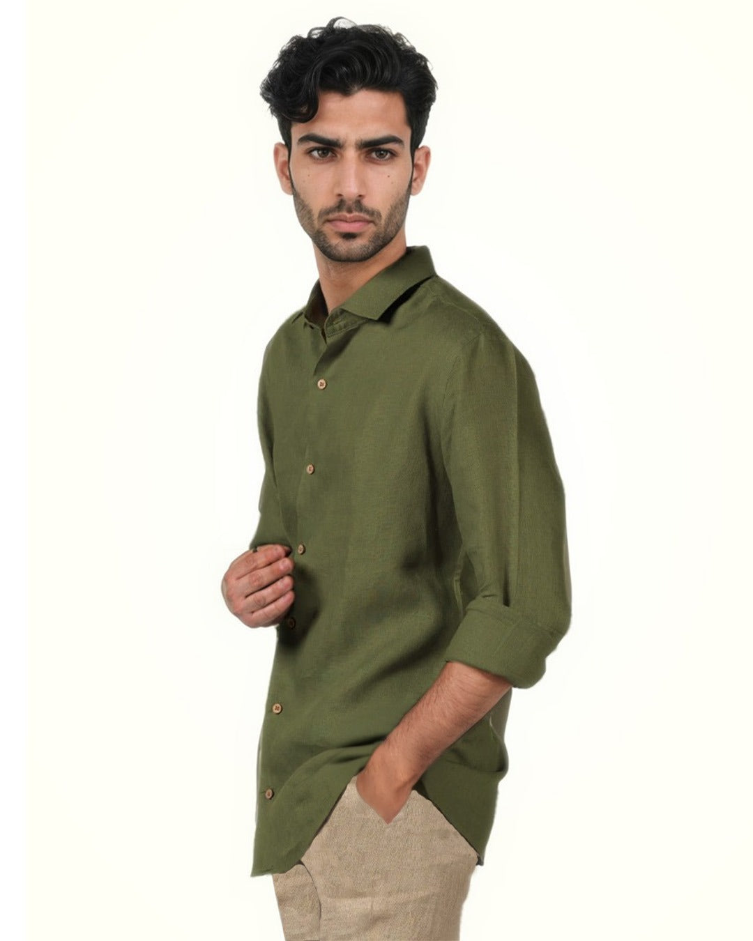 DARK GREEN PURE LINEN FULL SLEEVE SHIRT
