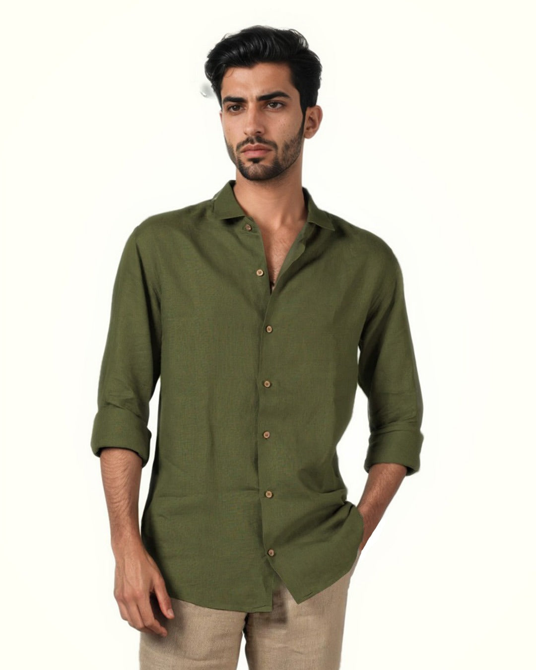 DARK GREEN PURE LINEN FULL SLEEVE SHIRT