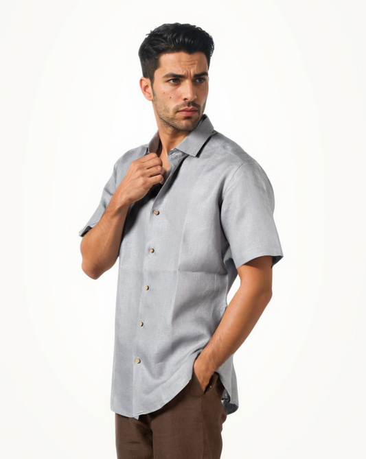 LIGHT GREY PURE LINEN HALF SLEEVE SHIRT