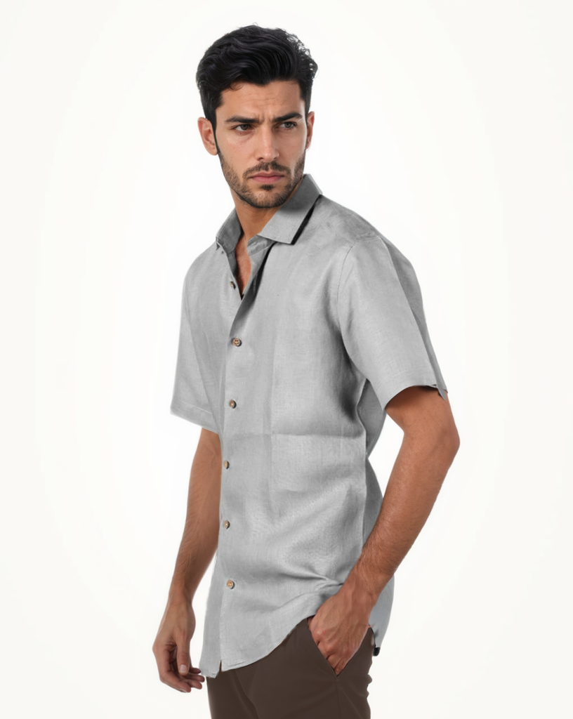 LIGHT GREY PURE LINEN HALF SLEEVE SHIRT