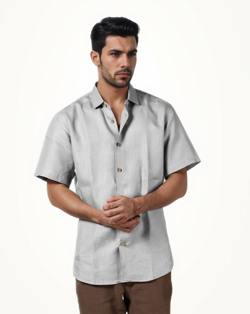 LIGHT GREY PURE LINEN HALF SLEEVE SHIRT