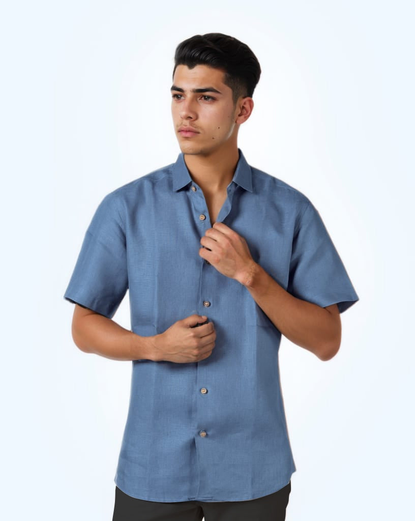 DARK SKY-BLUE PURE LINEN HALF SLEEVE SHIRT