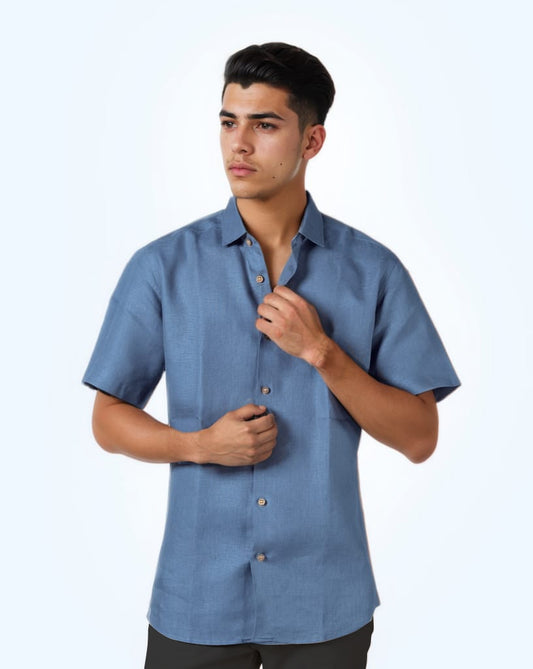 DARK SKY-BLUE PURE LINEN HALF SLEEVE SHIRT
