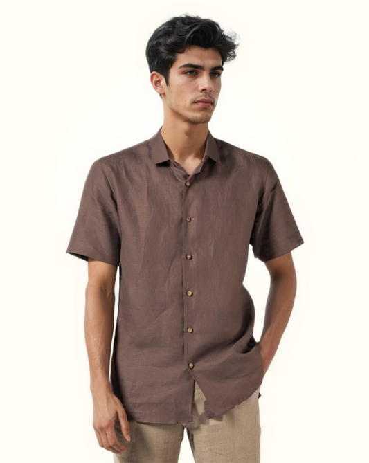 COPPER PURE LINEN HALF SLEEVE SHIRT