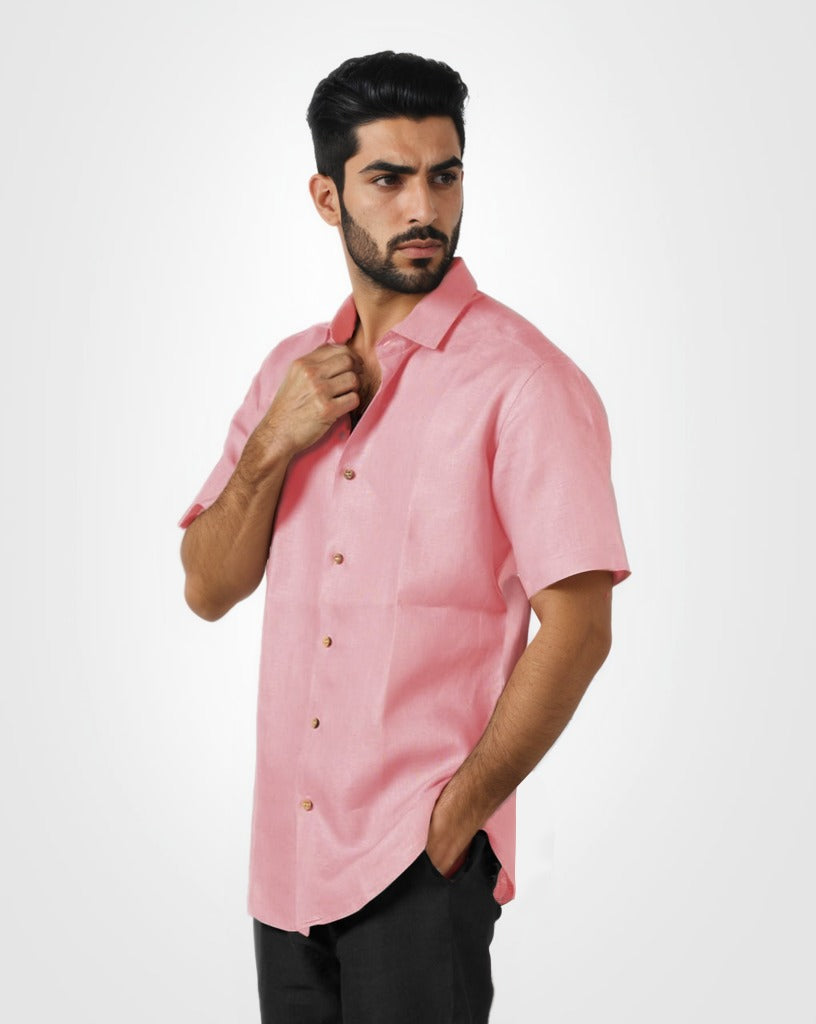 PINK PURE LINEN HALF SLEEVE SHIRT